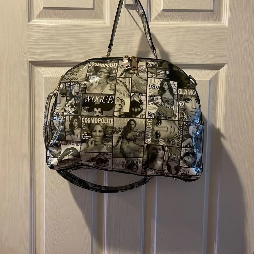 Glossy Magazine Black and White collage large dome Satchel/shoulder bag .